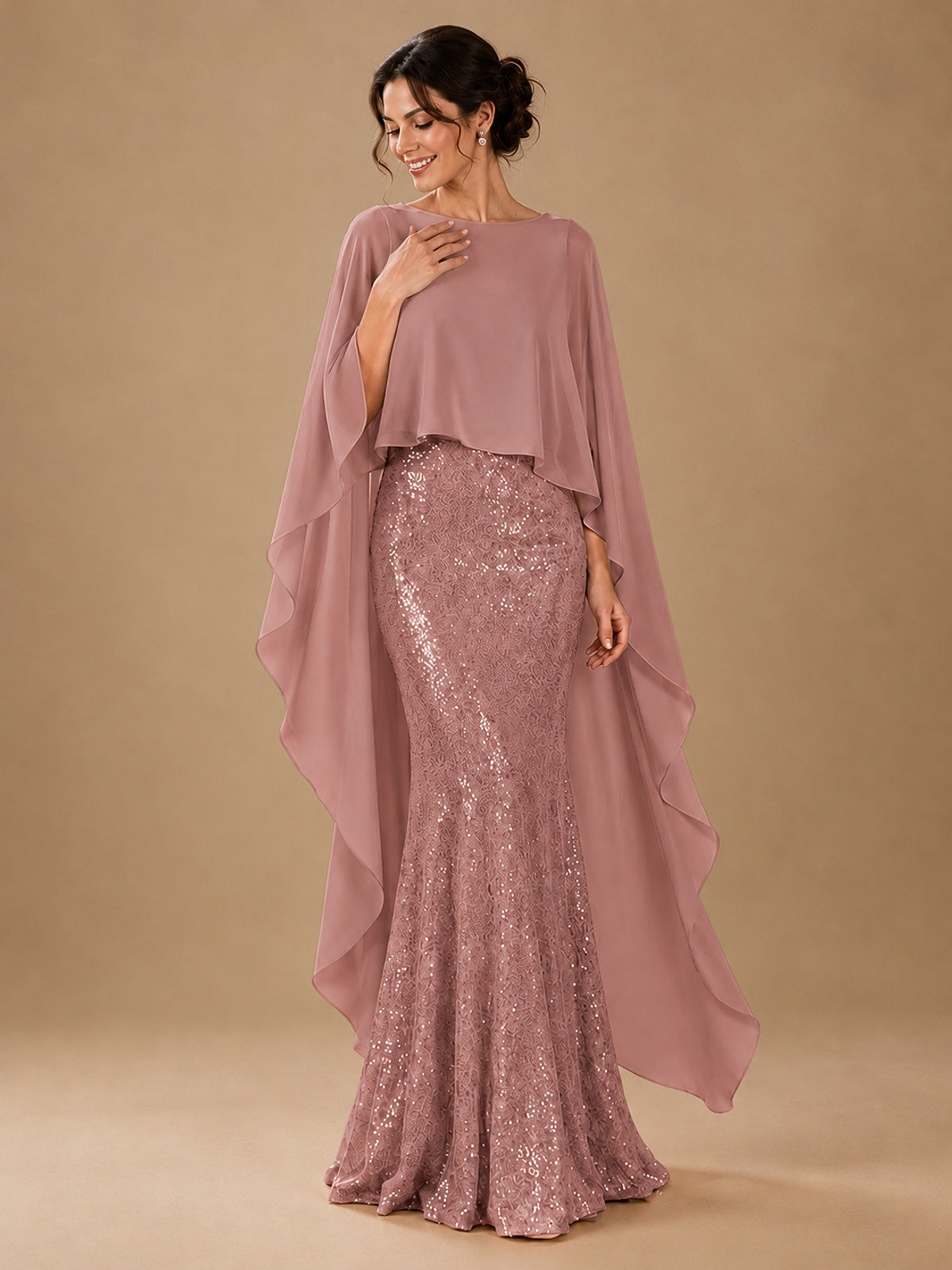 Sequin 2 Pieces Mother of the Bride Dress with Cap Sleeves Chiffon Formal Gowns