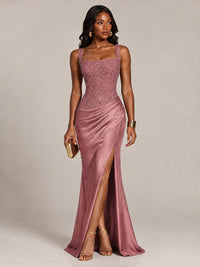 Scoop Neck Sequin Prom Dress with High Slit Satin Formal Gowns