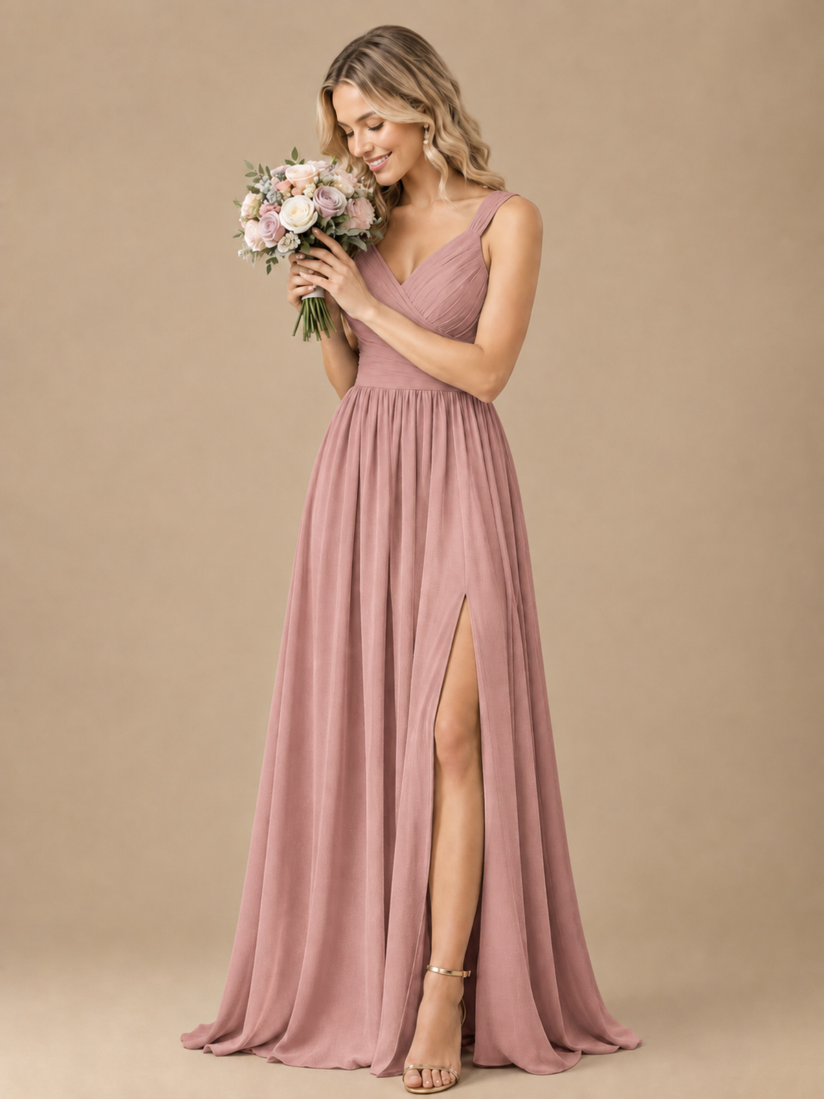 Pleated Chiffon V Neck Wedding Bridesmaid Dresses Floor Length with Slit