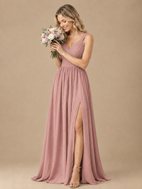 Pleated Chiffon V Neck Wedding Bridesmaid Dresses Floor Length with Slit