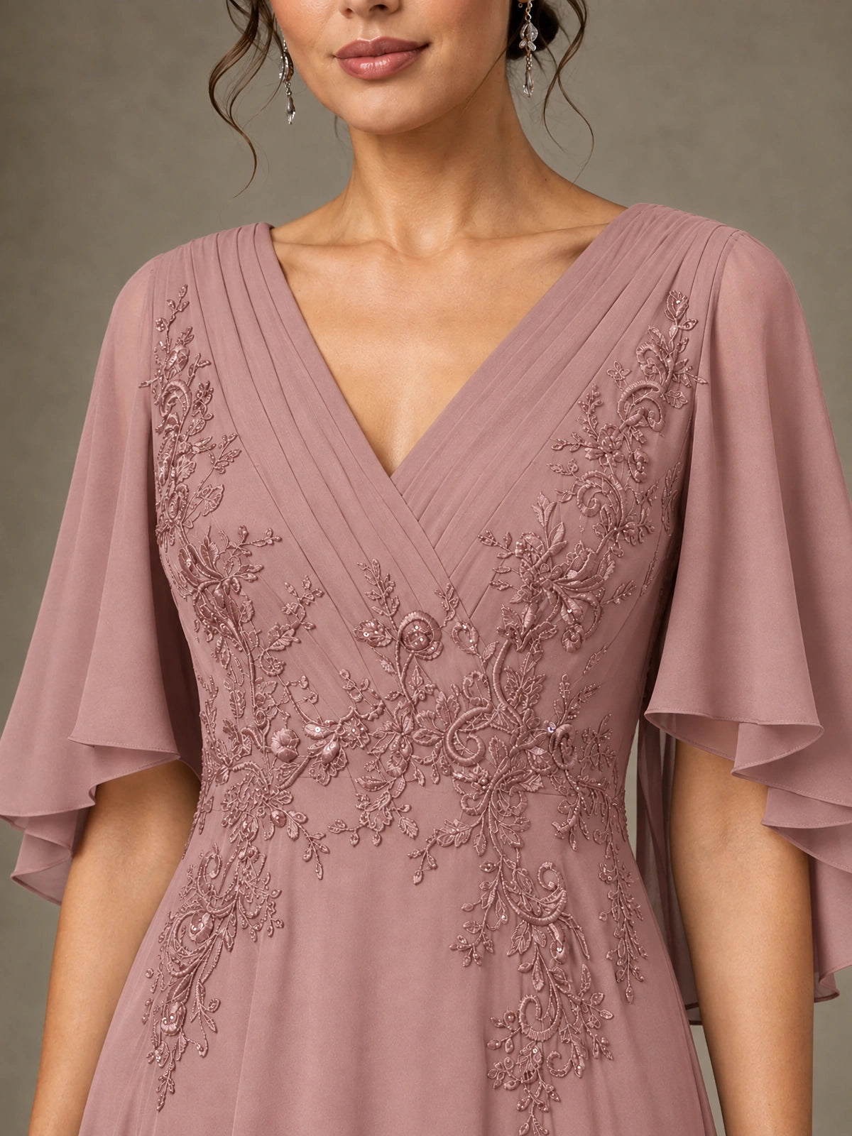 V-Neck Chiffon Lace Mother of the Bride Dress with Flutter Sleeves