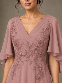 V-Neck Chiffon Lace Mother of the Bride Dress with Flutter Sleeves