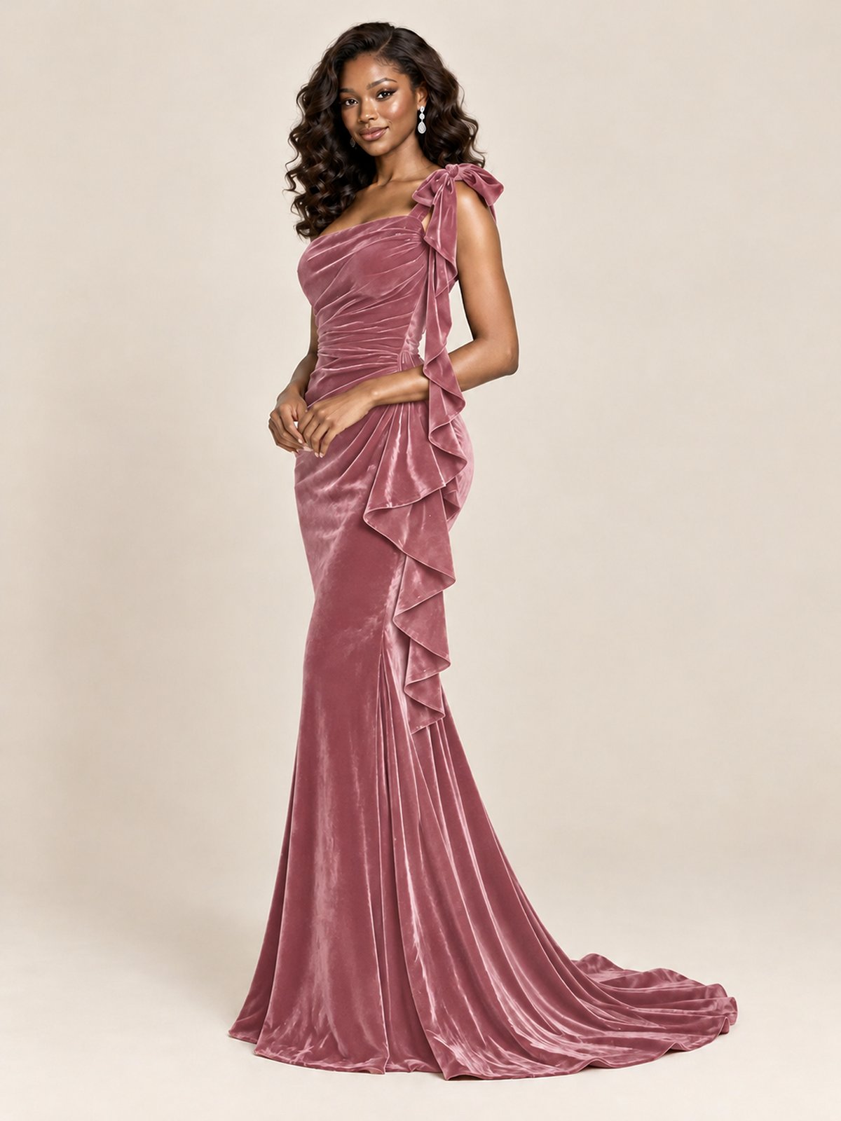 Black Velvet One-Shoulder Mermaid Evening Gown with Bow & Ruffles