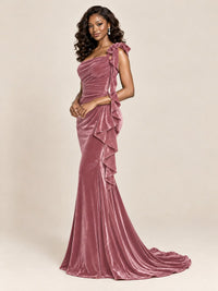 Black Velvet One-Shoulder Mermaid Evening Gown with Bow & Ruffles