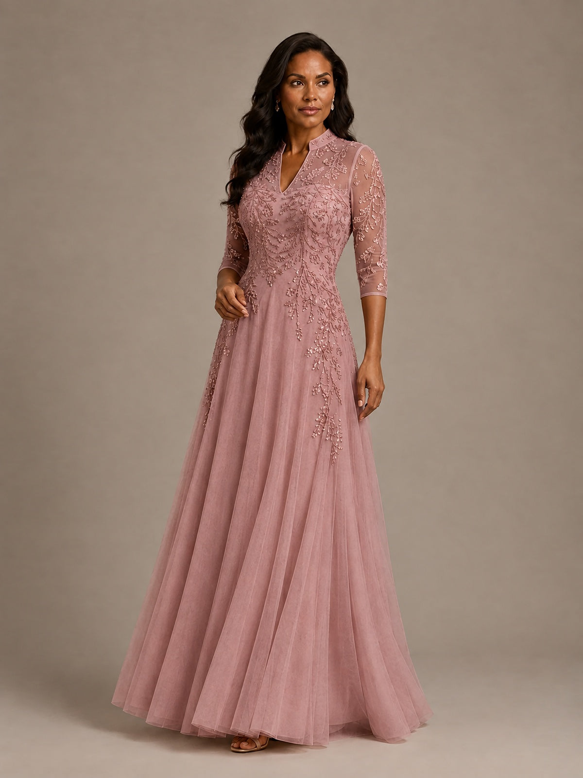 Embellished Appliques Mother of the Bride Dress with 3/4 Sleeves