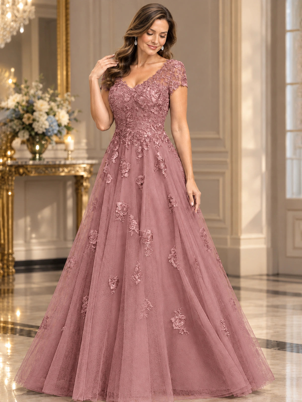Lace Appliques A-line Mother of The Bride Dresses with Short Sleeves