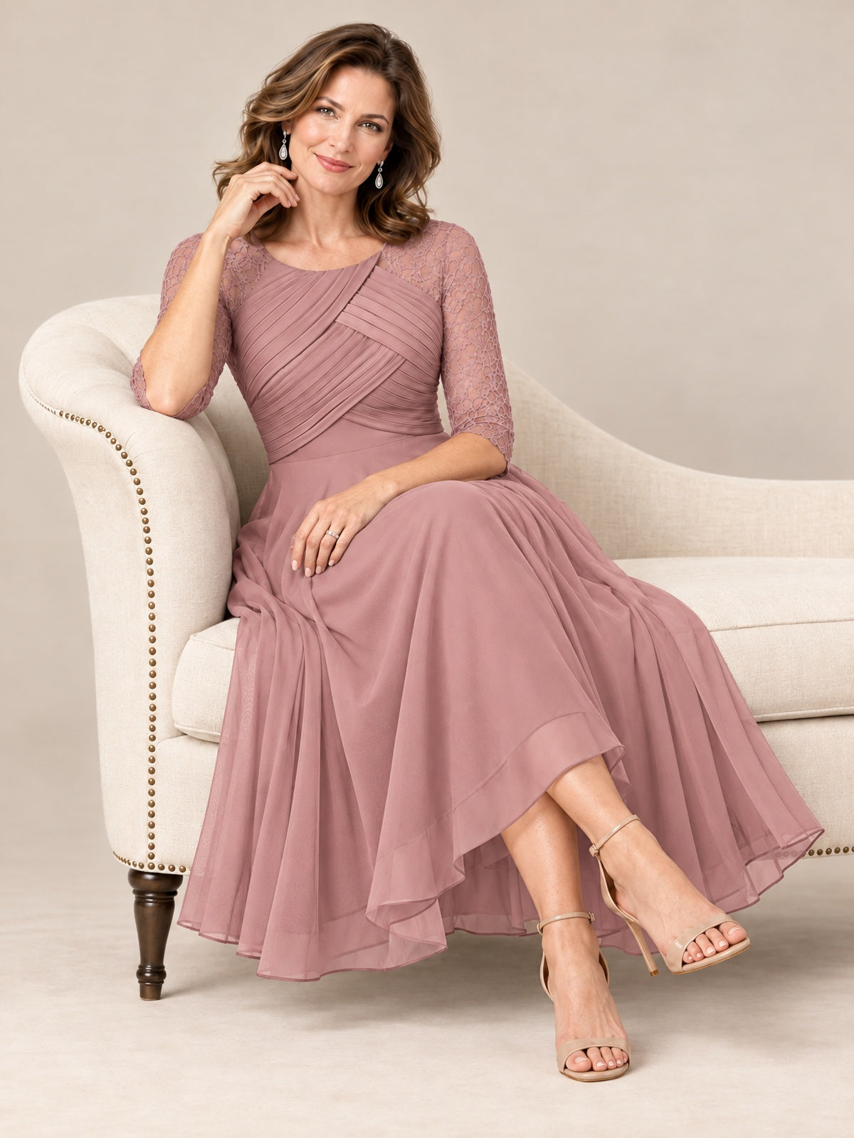 Tea-Length Mother of the Bride Dress with Lace 3/4 Sleeves