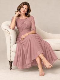 Tea-Length Mother of the Bride Dress with Lace 3/4 Sleeves