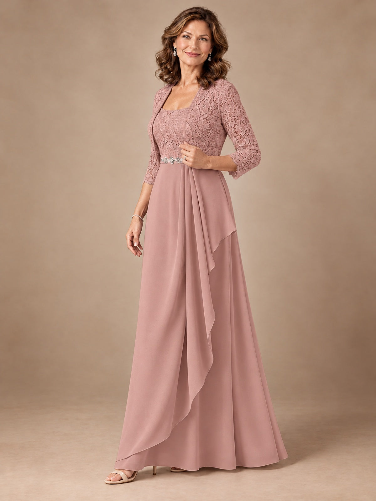 Blush Pink A-Line Mother of the Bride Dress with Lace Jacket and Ruffles