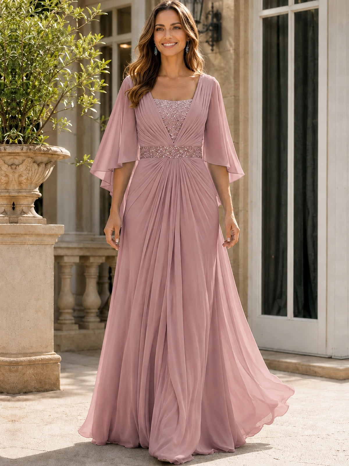 Elegant V-Neck Sequined Chiffon Mother of the Bride Dress with Flutter Sleeves