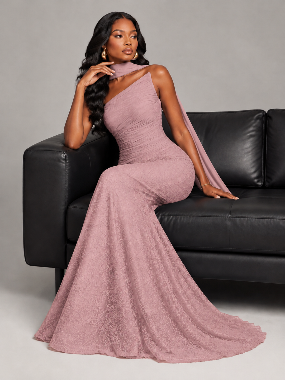Pleated Chiffon Lace Prom Dresses Long Bodycon Mermaid with Scarf