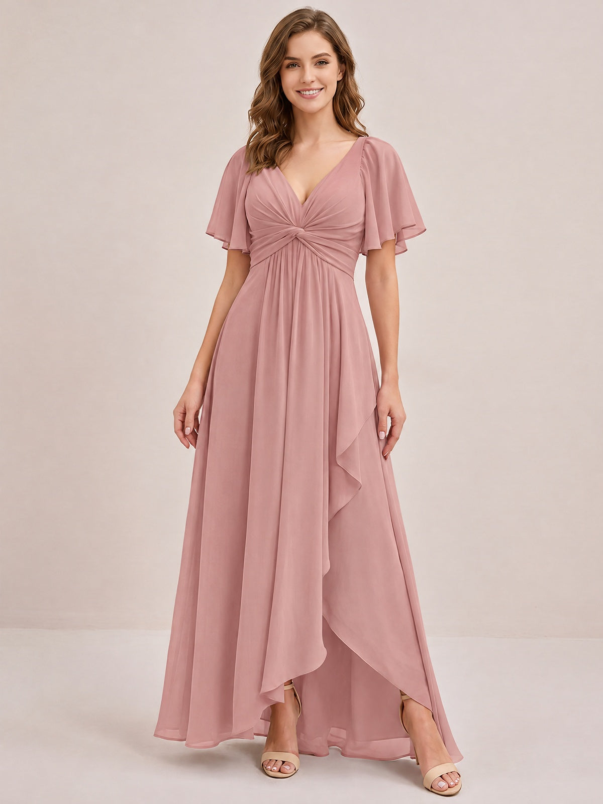 Dusty Blue Chiffon Bridesmaid Dress with Flutter Sleeves & High-Low Hem