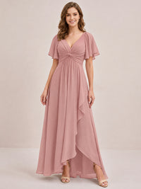 Dusty Blue Chiffon Bridesmaid Dress with Flutter Sleeves & High-Low Hem