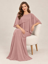 Cape Sleeve Mother of the Bride Dress with Asymmetrical Overlay