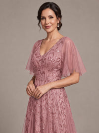 V-Neck Sequin Tulle Mother of the Bride Dress with Flutter Sleeve