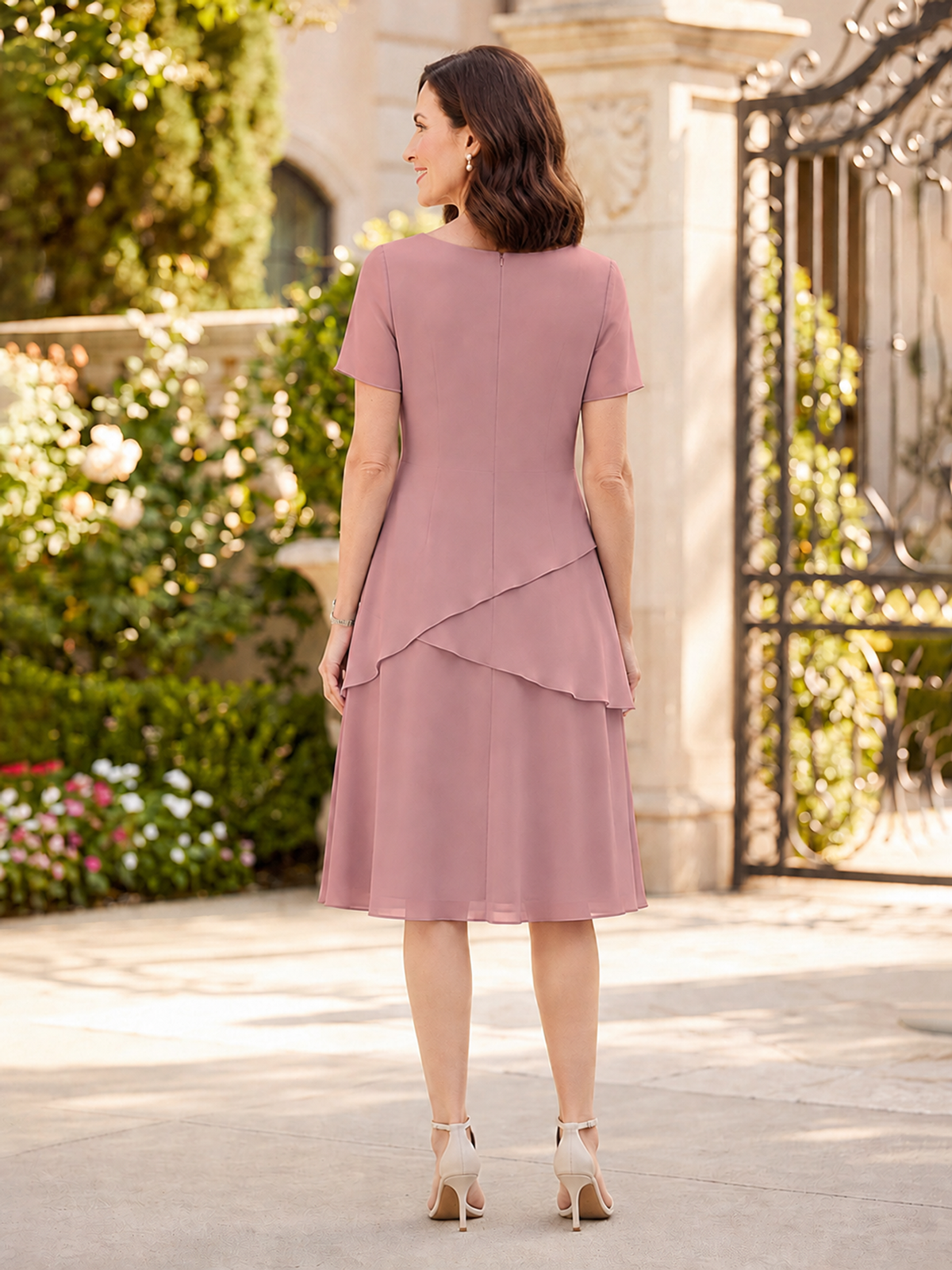 Tiered Chiffon Mother of The Bride Dress with Short Sleeve