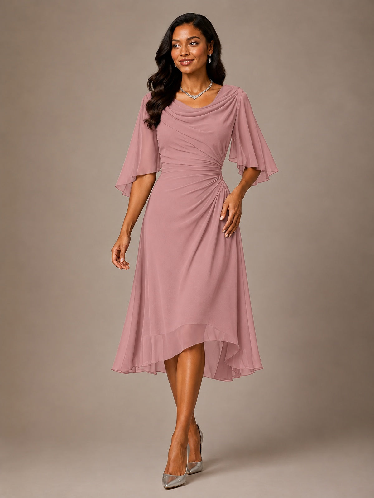 Cowl Neck Ruched Chiffon Mother of the Bride Dresses with Flutter Sleeves