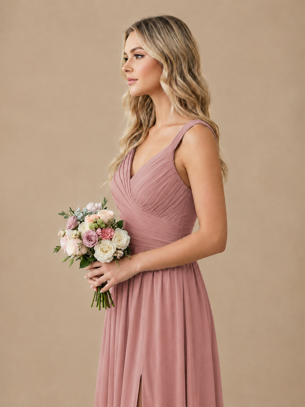 Pleated Chiffon V Neck Wedding Bridesmaid Dresses Floor Length with Slit
