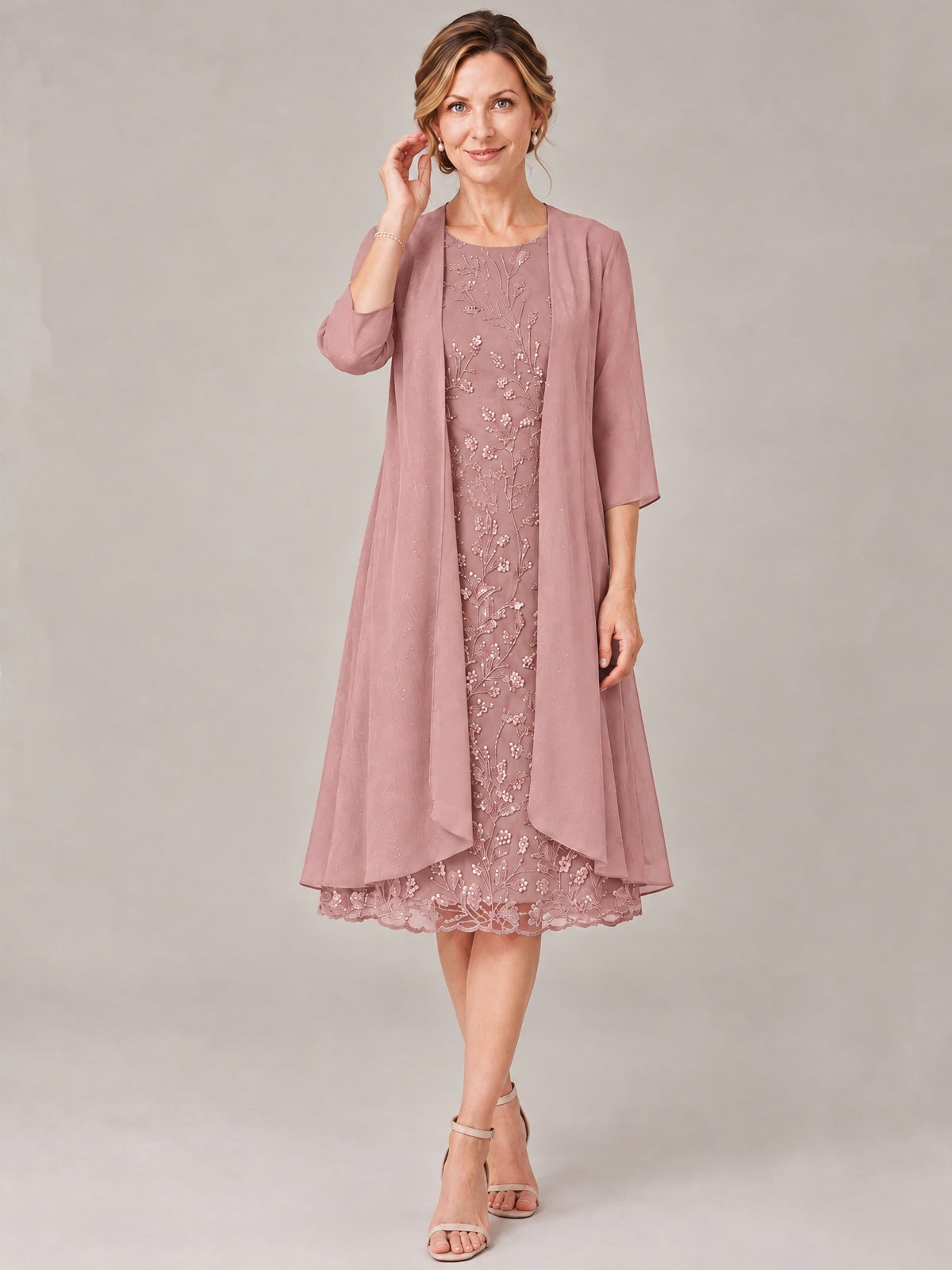 Tea Length Sequin Lace Mother of The Bride Dress with Chiffon Jacket