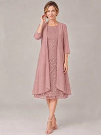 Tea Length Sequin Lace Mother of The Bride Dress with Chiffon Jacket