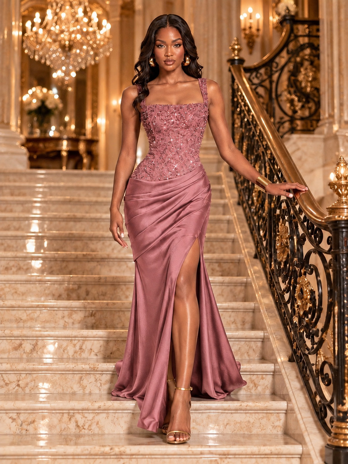 Scoop Neck Sequin Prom Dress with High Slit Satin Formal Gowns