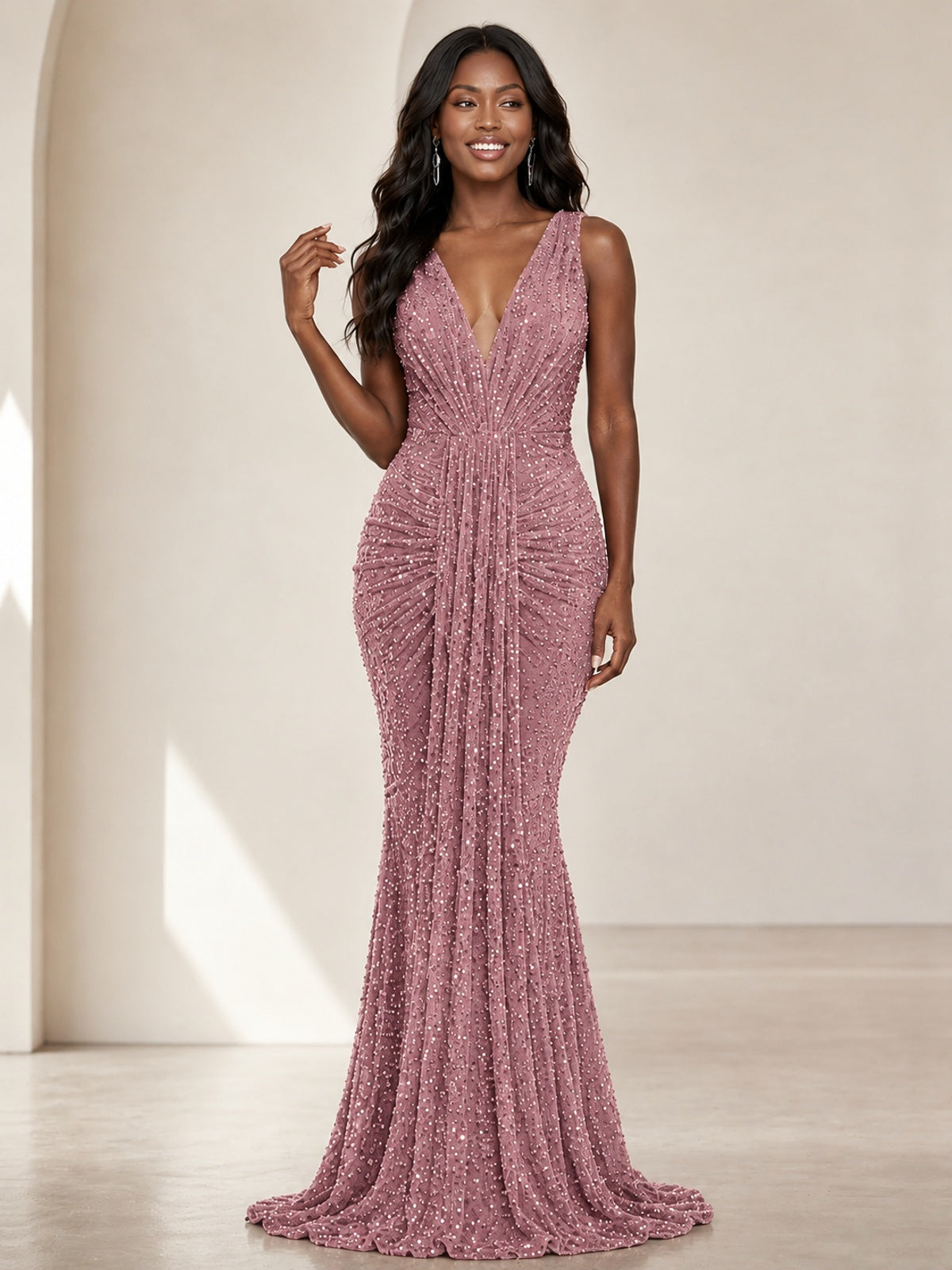 Sequin Mermaid Prom Dress with V-Neck and Ruched Waist