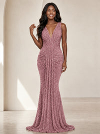 Sequin Mermaid Prom Dress with V-Neck and Ruched Waist