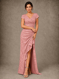V-Neck Floral Jacquard Mother of the Bride Dress with Slit