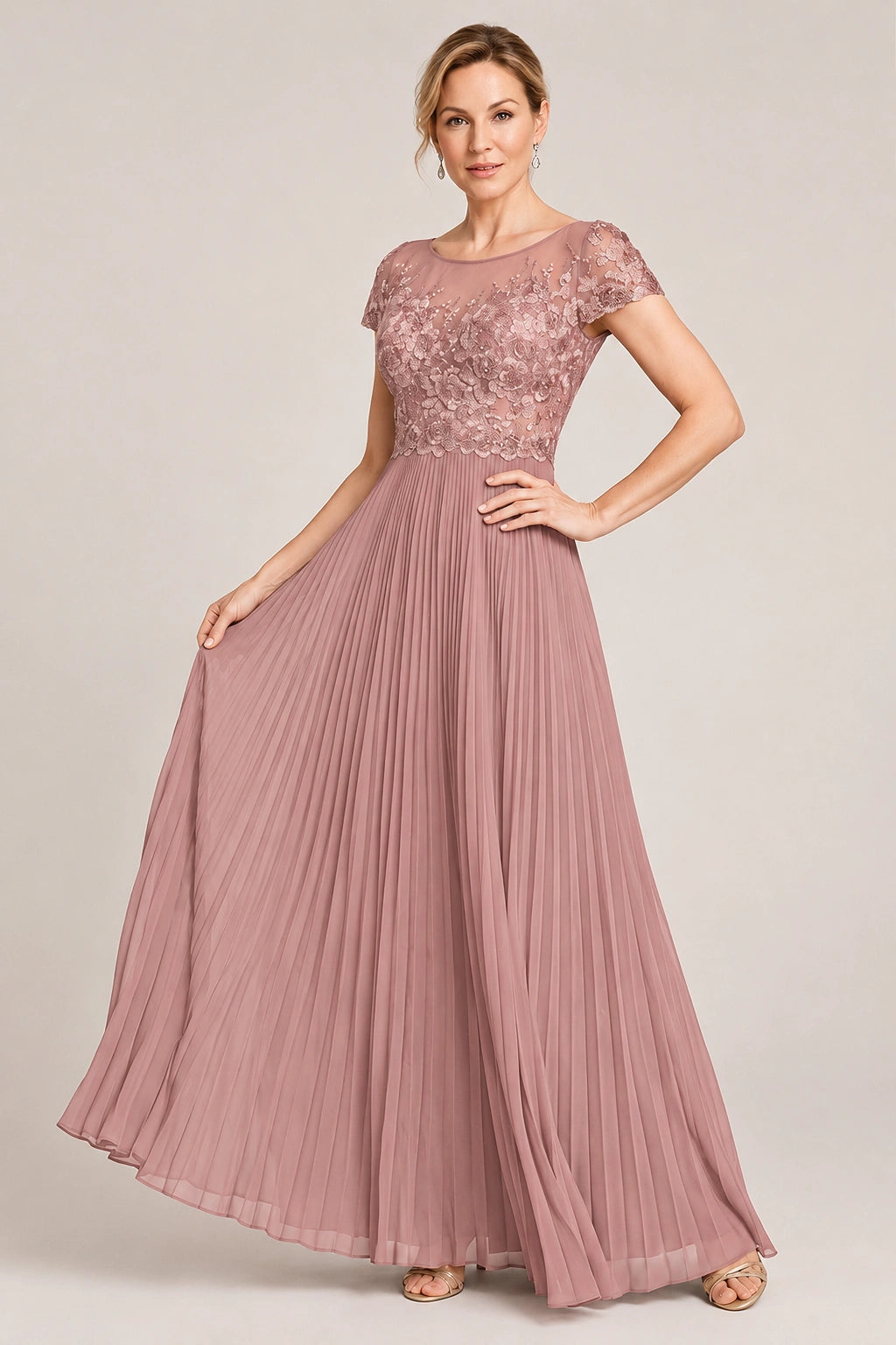 Embroidered Lace Pleated Mother of the Bride Dress