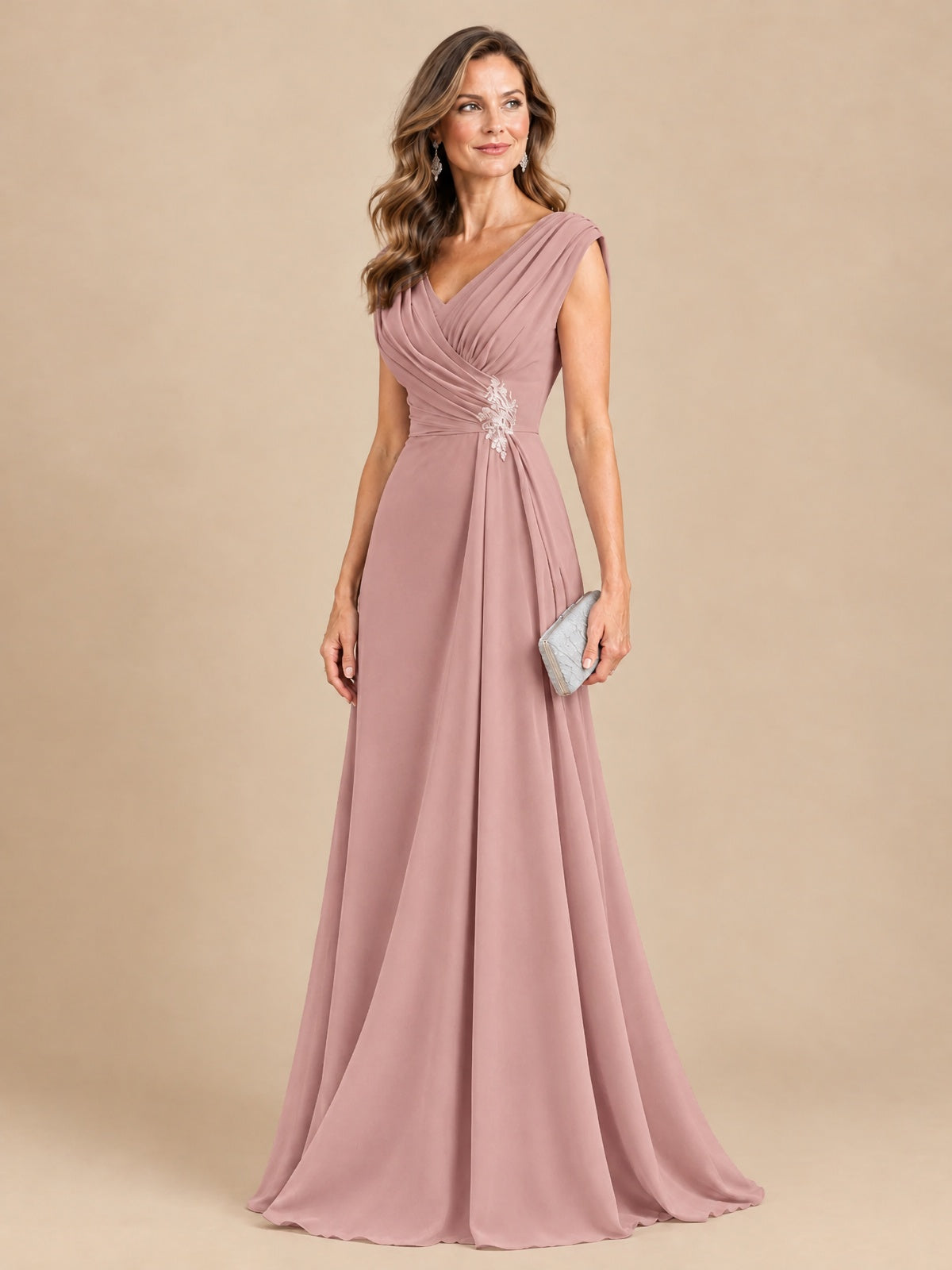 V Neck Pleated Mother of The Bride Dresses with Beading Cap Sleeves