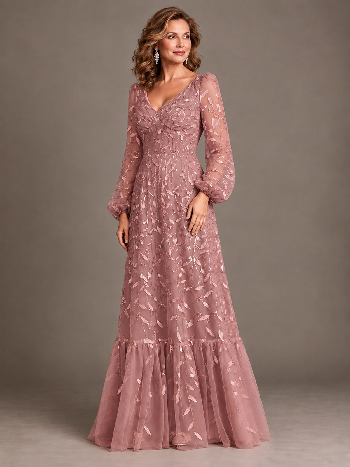 Floral Sequin Embroidered A-Line Mother of the Bride Dress with Long Sleeves