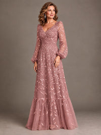 Floral Sequin Embroidered A-Line Mother of the Bride Dress with Long Sleeves