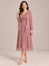 Tea Length Sequin Lace Mother of the Bride Dress with Chiffon Jacket