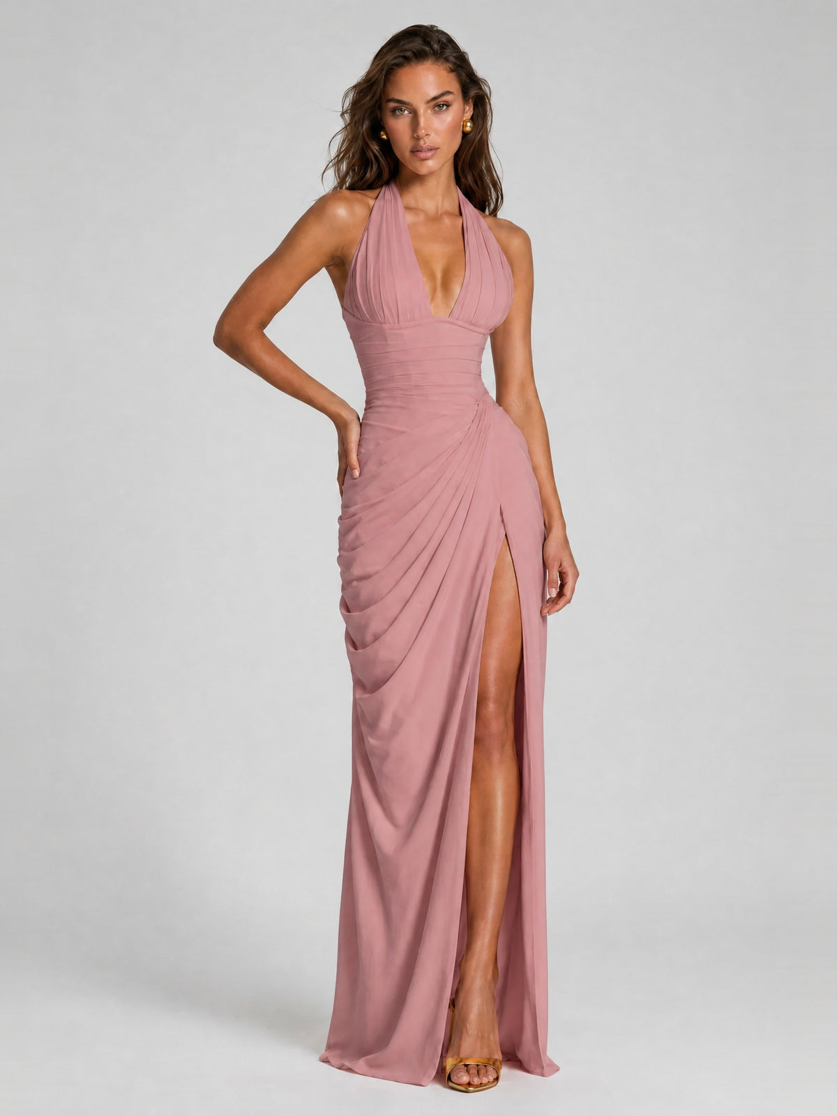 Ruched Halter Neck High-Slit Prom & Evening Dress