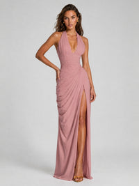 Ruched Halter Neck High-Slit Prom & Evening Dress