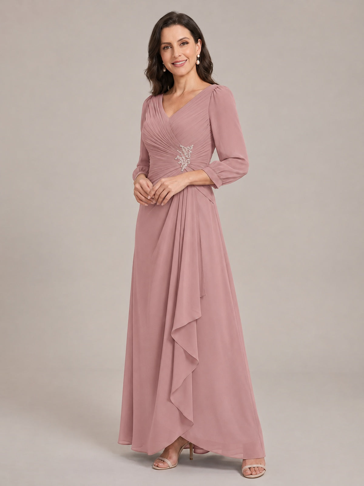 V-Neck Pleated Chiffon Mother of the Bride Dress with Flutter Sleeves