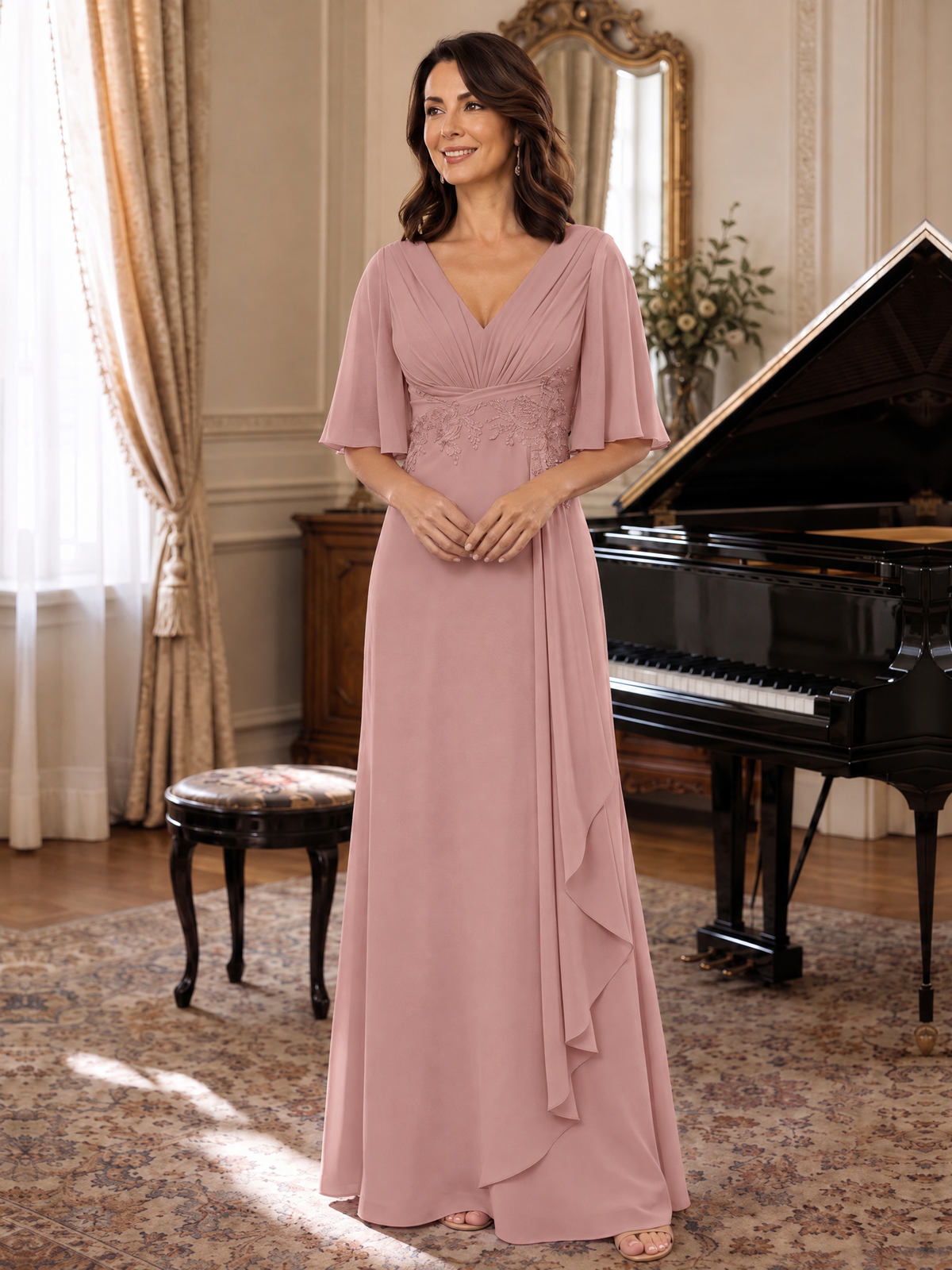 V-Neck Chiffon Lace Mother of the Bride Dresses