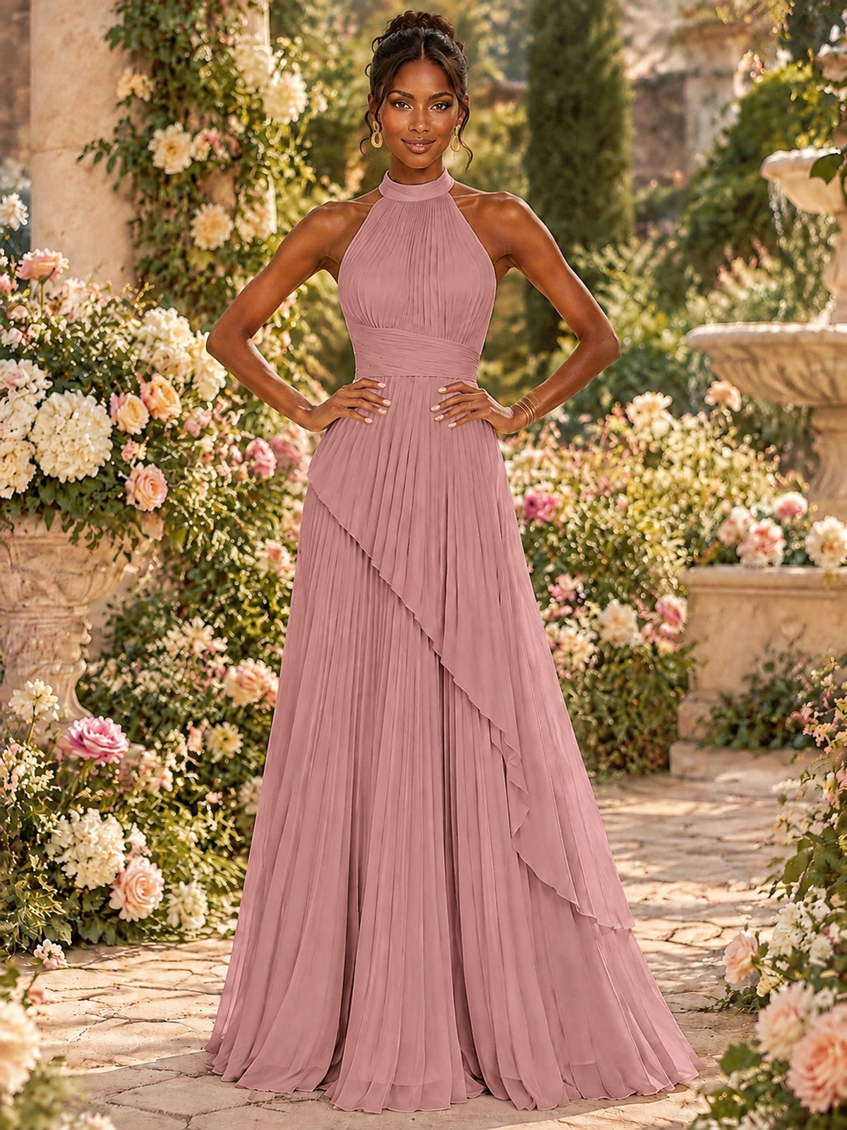 Wrap Pleated Prom Dress Halter A-line Chiffon Formal Wedding Dress
