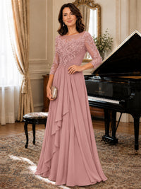 A-Line Chiffon Mother of the Bride Dress with Floral Applique 3/4 Sleeves