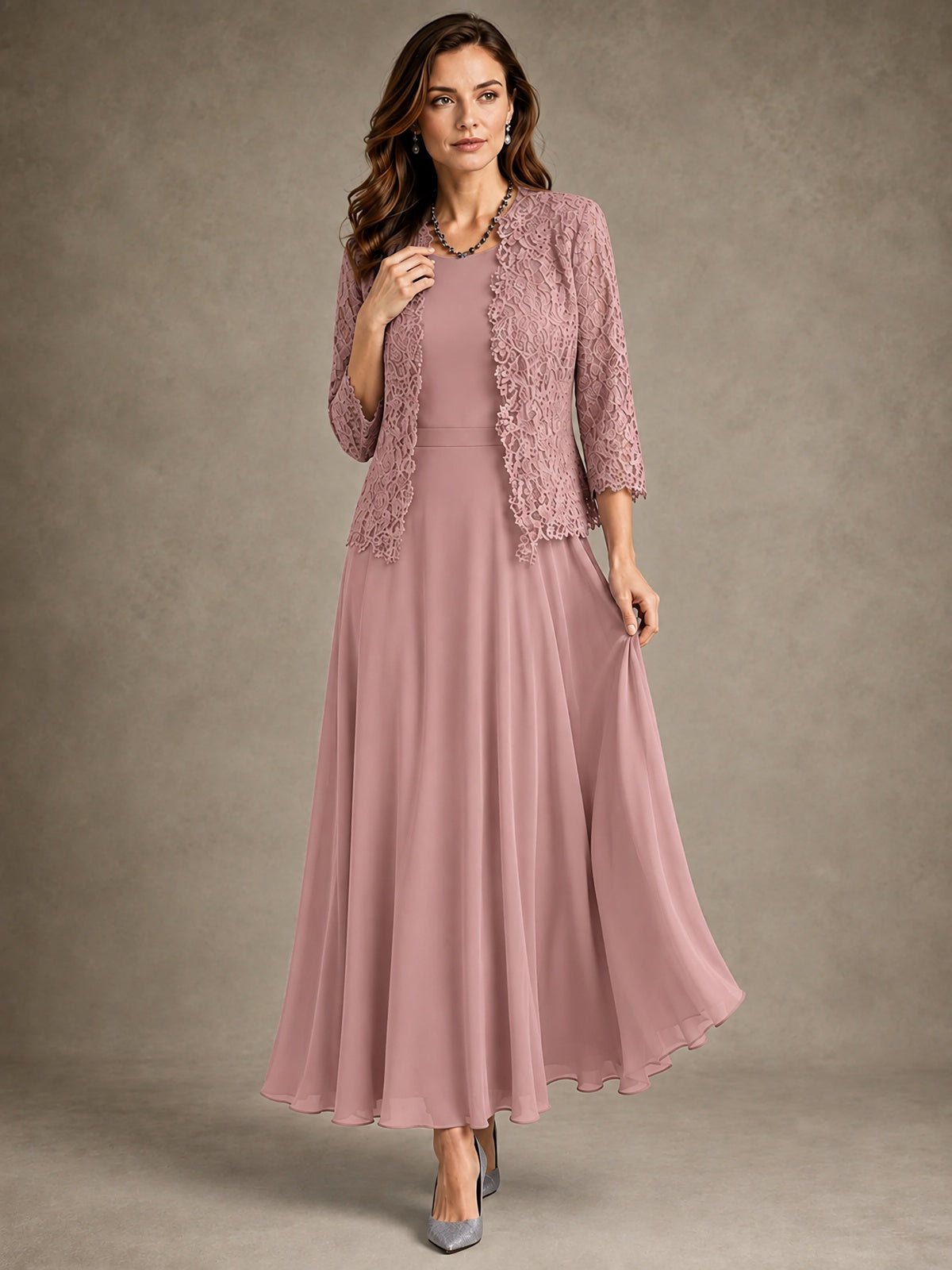 2-Piece Chiffon Mother of the Bride Dress with Lace Jacket