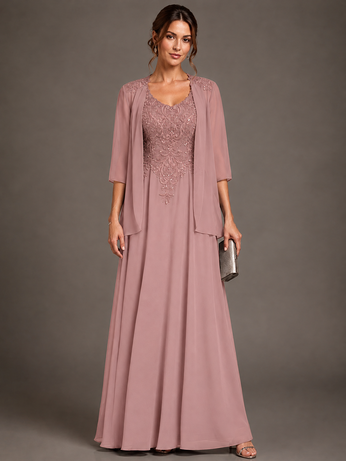 A-line 2 Pieces Chiffon Appliques Mother of The Bride Dresses with Jackets