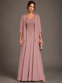 A-line 2 Pieces Chiffon Appliques Mother of The Bride Dresses with Jackets