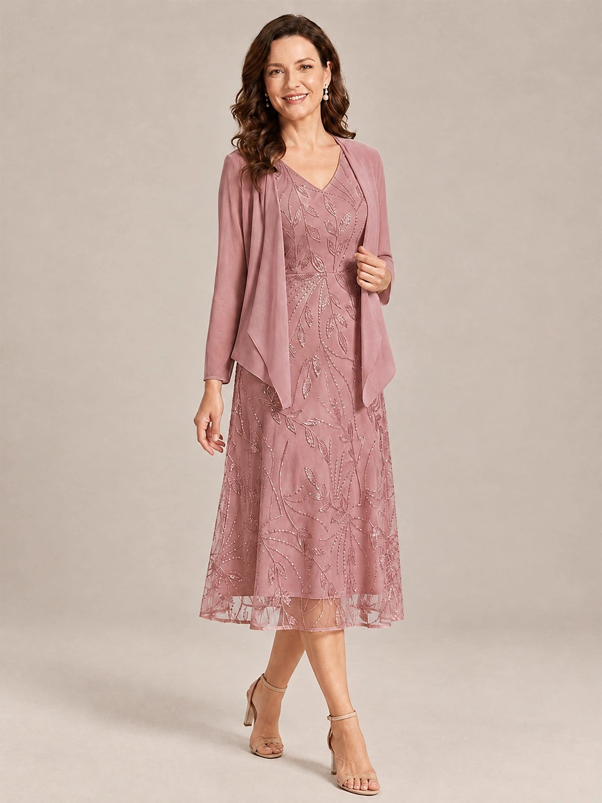 Tea Length Sequin Lace Mother of the Bride Dress with Chiffon Jacket