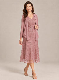 Tea Length Sequin Lace Mother of the Bride Dress with Chiffon Jacket