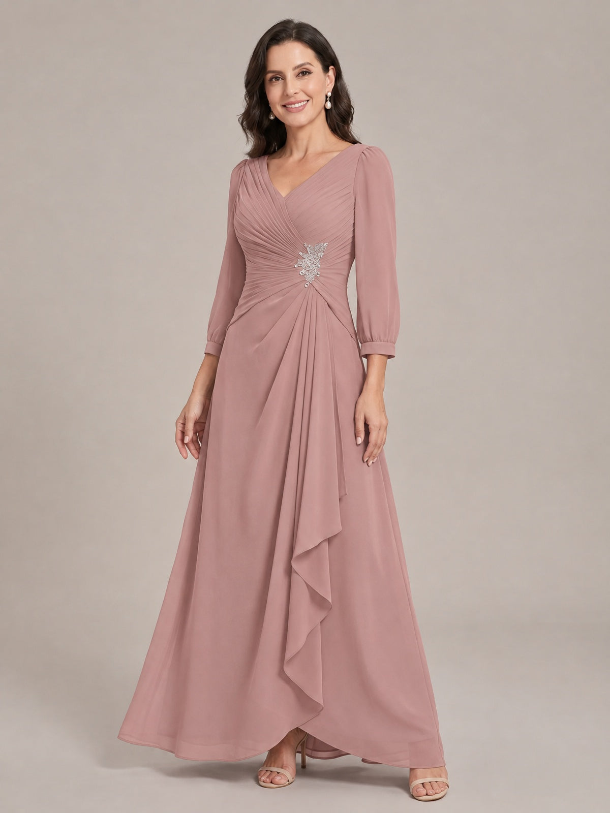 V-Neck Pleated Chiffon Mother of the Bride Dress with Flutter Sleeves