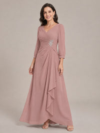 V-Neck Pleated Chiffon Mother of the Bride Dress with Flutter Sleeves