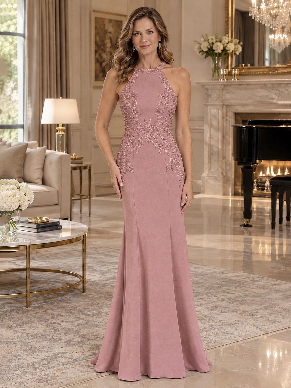 Halter Neckline Lace Appliques Mother of The Bride Dresses
