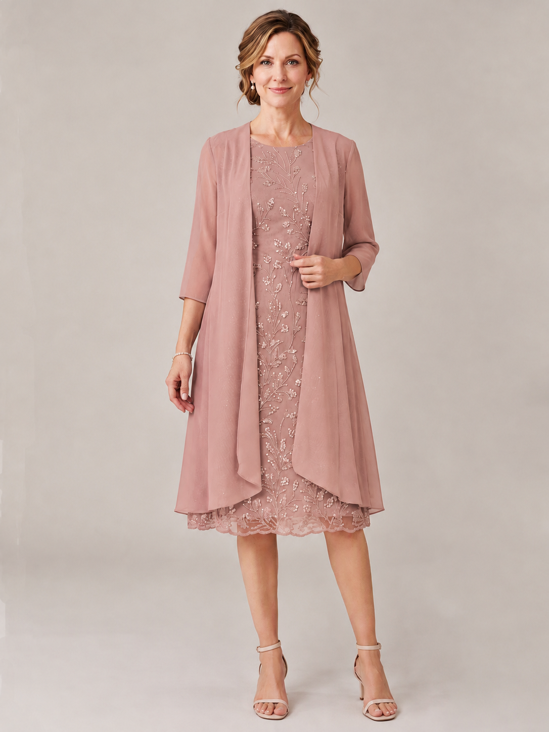 Tea Length Sequin Lace Mother of The Bride Dress with Chiffon Jacket