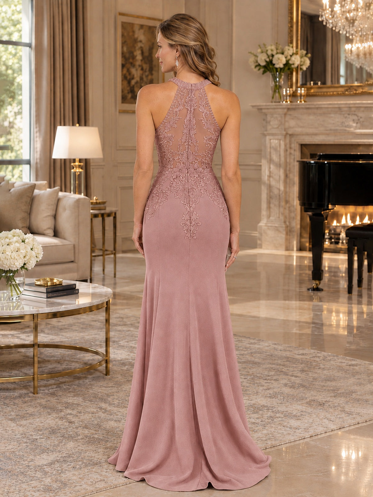 Halter Neckline Lace Appliques Mother of The Bride Dresses