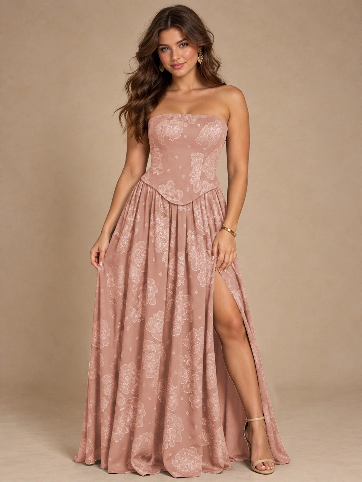 Chocolate Brown Floral Strapless Corset A-Line Evening Gown with Slit